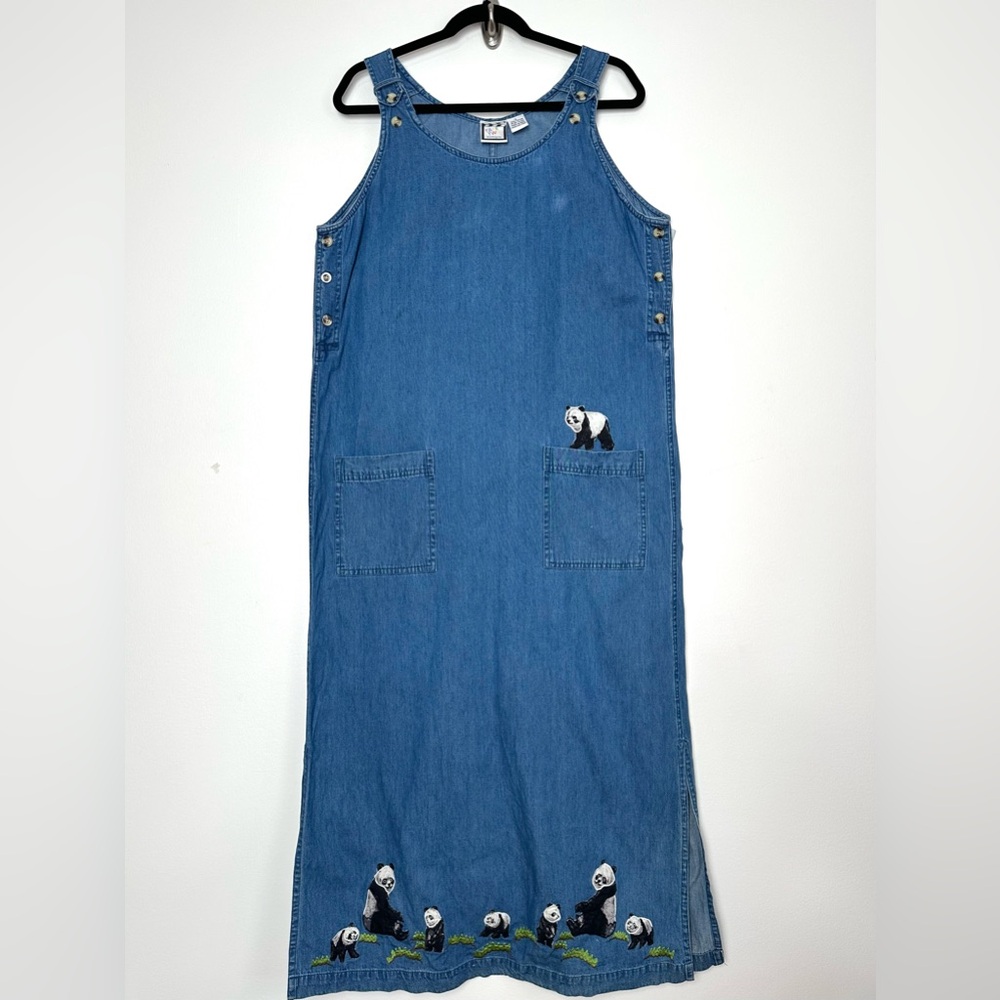 Vintage Denim Maxi Dress Embroidered Pandas Teachercore Cottagecore Kitschy Twee